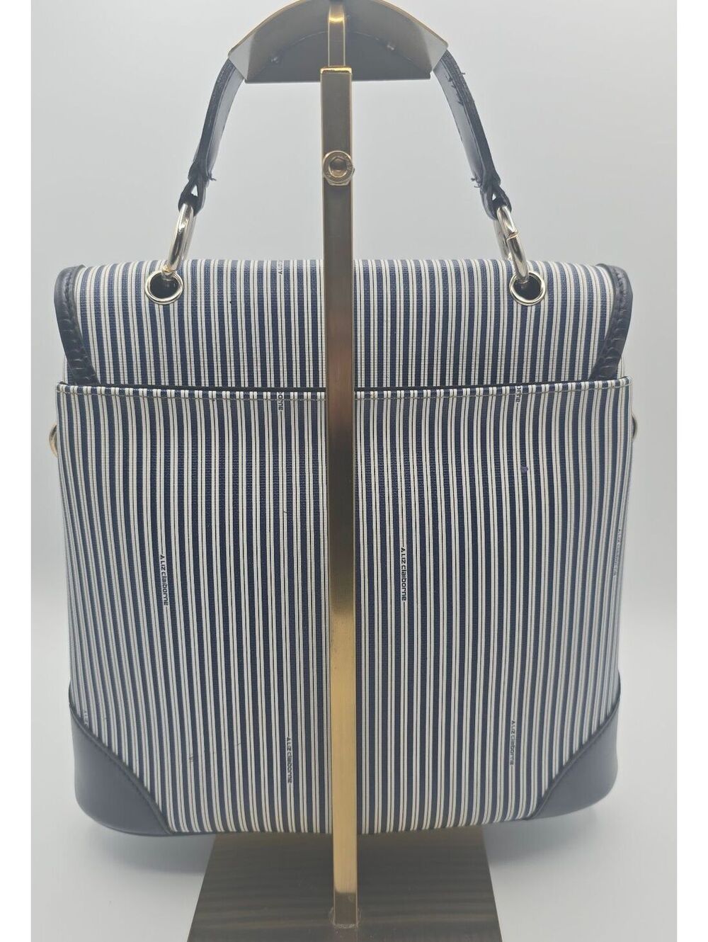 Vintage LIZ by Liz Claiborne Navy & White Striped Faux Leather Nautical Handbag - Picture 6 of 14